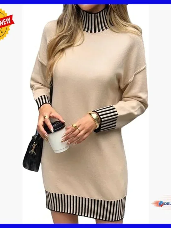 Long Sleeve Mock Neck Mini Sweater Dress Casual Fall Knit - Picture 1 of 7